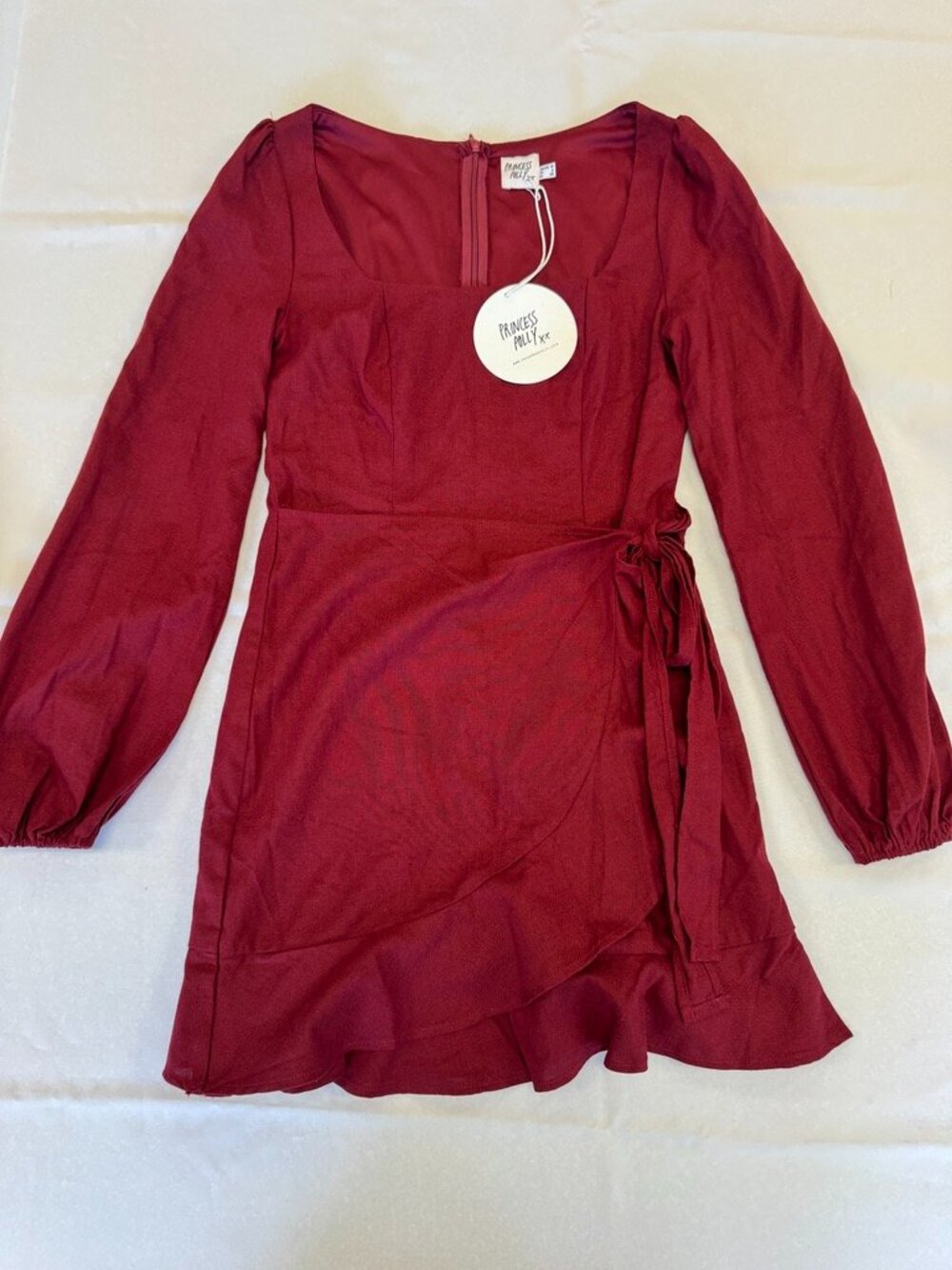 Princess Polly The Villa Mini Dress Burgundy Long Sleeve Ruffle Size 6 - Picture 2 of 14